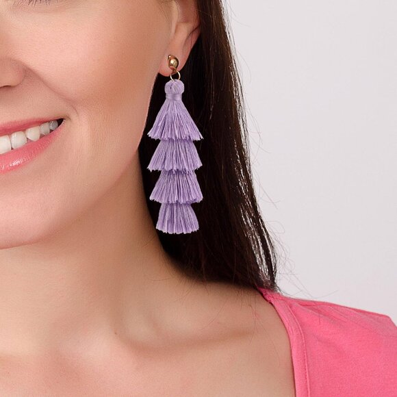 Tassel Earrings Handmade Tiered Thread Tassel Dangle Earrings, Multi Colors - Picture 2 of 4